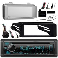 Kenwood Bluetooth Radio USB AUX CD Player Receiver w/ Cover - Bundle with Install Dash Kit, Handle Bar Control, Enrock Antenna for 98- 2013 Harley Touring FLHT FLHX FLHTC Motorcycle Bike