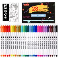 28 Colors Fabric Markers, Shuttle Art Fabric Markers Permanent Markers for T-Shirts Clothes Sneakers Jeans with 11 Stencils 1 Fabric Sheet,Permanent Fabric Pens for Kids Adult Painting Writing