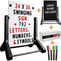 Swinging Changable Message Sidewalk Sign: 24" x 36" Sign with 792 Pre-Cut Double Sided Letters and Storage Box. Includes Bonus Black Sign Board & 4 Liquid Chalkboard & Letter Board