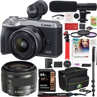 Canon EOS M6 Mark II 2 Mirrorless Digital Camera with 15-45mm f/3.5-6.3 is STM Lens and EVF Kit Silver 3612C011 Bundle with Deco Gear Case + Microphone + Monopod + Filter Set + 64GB Memory Card