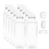 16 oz Empty Juice Bottles - Set of 10 Reusable Clear Plastic Disposable Milk Containers with White Tamper Evantend Caps