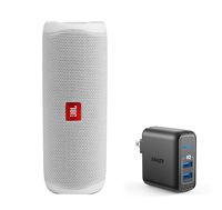 JBL Flip 5 Waterproof Portable Wireless Bluetooth Speaker Bundle with 2-Port USB Wall Charger - White