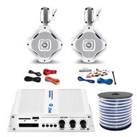 Pyle PFMRA350BW 2-Channel Bridgeable 200 Watts RMS Marine Amplifier, 2X Lanzar AQWB65W 6.5-Inch 2-Way 500 Watt Wake Board Tower Speakers - White, Pyle 8 Gauge Amp Install Kit, Enrock 18g Speaker Wire