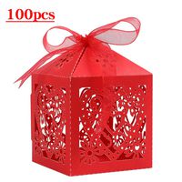 Lucky Monet 25/50/100PCS Love Heart Laser Cut Wedding Candy Gift Box Chocolate Box for Wedding Favor Birthday Party Bridal Shower with Ribbon (100pcs, Red)