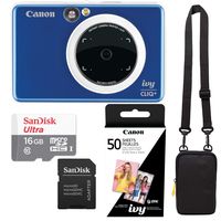 Canon Ivy Cliq+ Sapphire Blue Instant Camera Printer Bundle with Zink Paper (50 Sheets), Camera Bag and 16GB MicroSD Memory Card