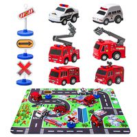 Fire Truck Toys with Play Mat, 6 Fire Engines, 3 Road Signs, 14" x 18" Fire Rescue Playmat, Fires Vehicle Set, Mini Pull Back Car toys