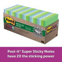 Post-it Super Sticky Recycled Notes, Cool Hues, 2X the Sticking Power, Call out Important Information, Large Pack, 67% Plant-Based Adhesive by Weight, 3 in. x 3 in, 24 Pads/Pack, (654-24SST-CP)