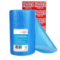 Offitecture Blue Bubble Cushioning Wrap Roll, 3/16" Air Bubble, 12 Inch x 36 Feet, Perforated Every 12", 10 Fragile Stickers Included