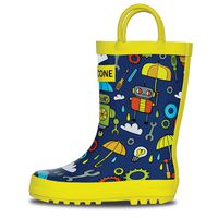 LONECONE Rain Boots with Easy-On Handles in Fun Patterns for Toddlers and Kids, Rainbots, 11 Little Kid