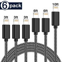 iPhone Charger 6 Pack MFi Certified Lightning Cable [3/3/3/6/6/10FT] Compatible iPhone Xs/Max/XR/X/8/8Plus/7/7Plus/6S/6S Plus/SE/iPad Extra Long Nylon Braided USB Charging & Syncing Cord (Black White