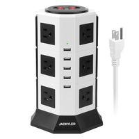 Surge Protector Power Strip Tower JACKYLED 12 AC Outlets 3000W 15A and 5 USB 8A Desktop Smart Universal Charging Station Multiple Protection Heavy Duty 6.5ft 14 AWG Extension Cord White and Black