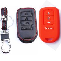 MJKEY 1x Genuine Leather 1x Red Silicone Rubber Key Fob Protective 4 Buttons Smart Remote Key Fob Holder Key Case Cover For Honda Civic Accord CR-V CR-Z HR-V Pilot ACJ932HK1210A