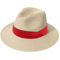 Lanzom Women Wide Brim Straw Panama Roll up Hat Fedora Beach Sun Hat UPF50+ (Z-Red Ribbon Khaki)