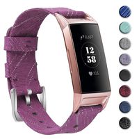 hooroor Woven Fabric Breathable Replacement Bands Compatible for Fitbit Charge 3 and Charge 3 SE Fitness Activity Tracker, Soft Accessory Band Wristbands Strap Women Men (Bling Dark Purple, Large)