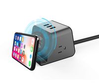 Desktop Power Strip with Wireless Charger,2 US Plug and 3 USB Charging Ports Desk Outlet Charging Station Compatible with iPhone Xs, XS Max, XR, X, 8, Partial Samsung Galaxy, Qi Certified 5W(Black)