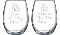 One Lucky Mr. and Soon To Be Mrs. Etched 15 oz. Stemless Wine Glasses Set - Engagment Gift Set
