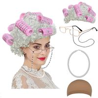 Old Lady Cosplay Set - Grandmother Wig, Wig Cap,Madea Granny Glasses, Eyeglass Chains Cords Strap, Pearl Beads (Style2-4)