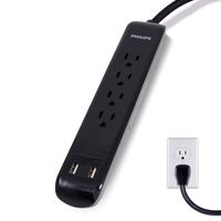 Philips 4 Outlet Power Strip Surge Protector, 2 USB Charging Ports, 3ft Power Cord, Flat Plug, Wall Mount, 450 Joules, ETL Listed, Black, SPP6242BC/37