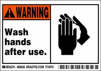 Brady 86838 Self Sticking Polyester Machine/Equipment Labels , Black/Orange On White,  3 1/2" Height x 5" Width,  Legend "Wash Hands After Use."  (5 Labels Labels per Package)