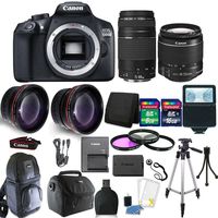 Canon EOS 1300D 18MP Digital SLR Camera (Black) , 18-55mm IS II, 75-300mm, 58mm 3pc Filter Kit, Telephoto & Wide Angle Lens, 24GB Memory Card, Wallet, Card Reader, Slave Flash, Gadget Bag, Sling Backpack , Cleaning Kit , Tal