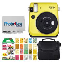 Fujifilm instax Mini 70 Instant Film Camera (Canary Yellow) + Fujifilm Instax Mini Twin Pack Instant Film + Small Digital Camera/Video Case + 20 Sticker Frames for Fuji Instax Prints Emoji Package