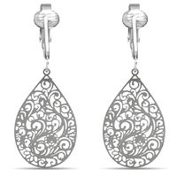 Aloha Earrings Lovely Victorian Filigree Clip On Earrings for Women Clip-ons, Lightweight Teardrop Leaf Dangle (Small Filigree- Silver)