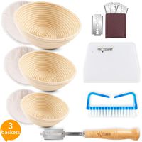 Banneton Proofing Basket Artisan Bread - Prossmart Set of 3 Dough Rising Handmade Rattan Bowl with Linen Cloth Bread Lame 5 Blades Dough Scraper Brush Bakery Tools Supplies Sourdough for Home Bakers