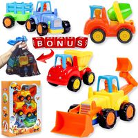 friction Powered Cars Push and Go Construction Vehicles Toy Set of 4 Cartoon Bulldozer, Tractor, Cement Mixer, Dump Truck - w/Bonus Mesh Bag Toddler/Baby-Friendly for Boys and Girls Ages 1-5 Kids Gift