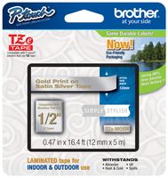 Genuine Brother 1/2" (12mm) Gold on Satin Silver TZe P-touch Tape for Brother PT-1750, PT1750 Label Maker