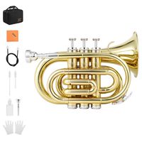 Eastar ETR-330 Pocket Trumpet Bb Gold Lacquer Mini Trumpet B Flat with Hard Case, Gloves, 7 C Mouthpiece, Valve Oil, Trumpet Cleaning Kit
