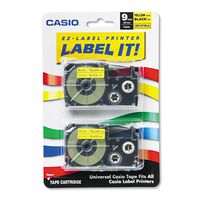 Casioamp;reg; Tape Cassettes for KL Label Makers, 9mm x 26ft, Black on Yellow, 2 per Pack