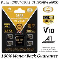 4-Pack TF Card 16GB Micro SD SDHC Memory Plus Adapter (Class 10 U1 UHS-I V10 A1 MicroSDHC) Amplim 4X 16 GB Ultra High Speed 100MB/s 667X Flash for Cell Phone Tablet GoPro Camera Fire Nintendo 3DS DJI