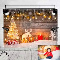 Art Studio 7x5ft Vinyl Christmas Party Decor Photography Backdrop Brown Wooden Walls Photo Booth White Christmas Tree Elk Newborn Photo Background Studio Prop Banner Xmas Gift