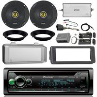 Pioneer CD Receiver Bundle/2 Kicker 6.5" Speaker + Motorcycle Speaker Adapters + Amplifier + Dash Kit W/Radio Cover + Handle Bar Conrol for 98-2013 Harley Davidson + Enrock Antenna