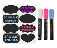 JPACO Chalkboard Labels for Jars - 56 Premium Big Labels & 3 Erasable Chalk Markers (Pink, White, Blue) Great for Pantry Organizing, Storage, Office, and Spice & Mason Jars