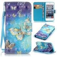 iPod Touch 6 Case, iPod Touch 5 Case, Lwaisy [Wrist Strap] [Stand Feature] Premium PU Leather Wallet Phone Case Flip Cover Built-in Card Slots for Apple iPod Touch 5 6th Generation (Gold Butterfly)