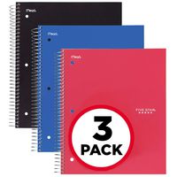 Five Star Spiral Notebooks, 1 Subject, Wide Ruled Paper, 100 Sheets, 10-1/2" x 8", Red, Black, Blue, 3 Pack (73059)
