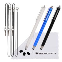 3pcs Stylus Pen 5.5" with Replaceable Thin-Tip - Universal Capacitive High Precision Styli + Replacement Tips, Elastic Lanyards + Cleaning Cloth, by The Friendly Swede (Black/Blue/White)