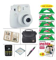 Fujifilm Instax Mini 9 Instant Camera (Smokey White) + Fujifilm Instax Instant Film 100 Sheets + 4 Batteries & Charger + Photo Album + Convenient Case + More