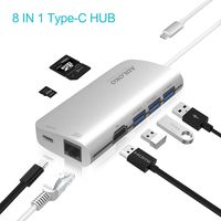 USB C Hub, ADLOKO 8-in-1 Type C Adapter with HDMI 4K, Gigabit Ethernet, SD/TF Card Reader, 3 USB 3.0, USB C Charging&Data Port for Matebook, MacBook Pro 2017/2016, Google ChromeBook Pixel (Sliver)