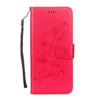Galaxy S8 Case, UNEXTATI PU Leather Flip Wallet Cover Case, Butterfly and Flower Embossed Pattern Phone Case with Wrist Strap and Card Slots for Samsung Galaxy S8, Red