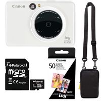 Canon Ivy Cliq+ Pearl White Instant Camera Printer Bundle with Zink Paper (50 Sheets), Camera Bag and 16GB MicroSD Memory Card