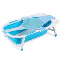 BABY JOY Collapsible Baby Bathtub, Folding Portable Shower Basin with Non-Slip Mat, Storage Slot, Recline Position for Infant (Blue)