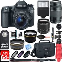 Canon EOS 70D CMOS DSLR Camera + EF-S 18-55mm is STM & 75-300mm III Lens Kit + Accessory Bundle 64GB SDXC Memory + SLR Photo Bag + Wide Angle Lens + 2X Telephoto Lens + Flash + Remote + Tripod & More