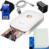HP Sprocket Photo Printer, Print Social Media Photos on 2x3 Sticky-Backed Paper (White) + Photo Paper (10 Sheets) + USB Cable with Wall Adapter Charger for HP Sprocket Printer + HeroFiber Cloth