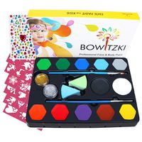 Bowitzki 12 Color Face Paint Kit for Kids Adults with 100+ Rhinestones 40 Stencils 2 Glitter 2 Brushes Professional Face Painting Set for Sensitive Skin Water Based FDA Compliant Body Painting