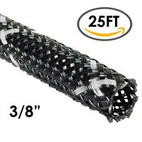3/8" PET High Flame Retardant Expandable Braided Sleeving - Black w/White Tracer - 25FT
