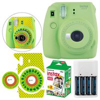 Fujifilm instax Mini 9 Instant Film Camera (Lime Green) + Fujifilm Instax Mini Twin Pack Film (20 Shots) - Camera Sticker for Fuji Instax Mini Cameras + 4 AA Batteries & White Charger - Full Bundle