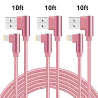 90 Degree USB Cable 10ft Right Angle 3 Pack Nylon Braided Phone Charger Cable Fast Charging Phone Cable USB Charge Cord Compatible with Phone Xs XR X/8 Plus/7 Plus/6 Plus (Rose Gold)