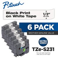 Brother Genuine P-Touch 6-Pack TZe-S231 Laminated Tape, Black Print on White Extra Strength Adhesive Laminated Tape for P-Touch Label Makers, Each Roll is 0.47"/12mm (~ 1/2") Wide, 26.2 ft. (8M) Long